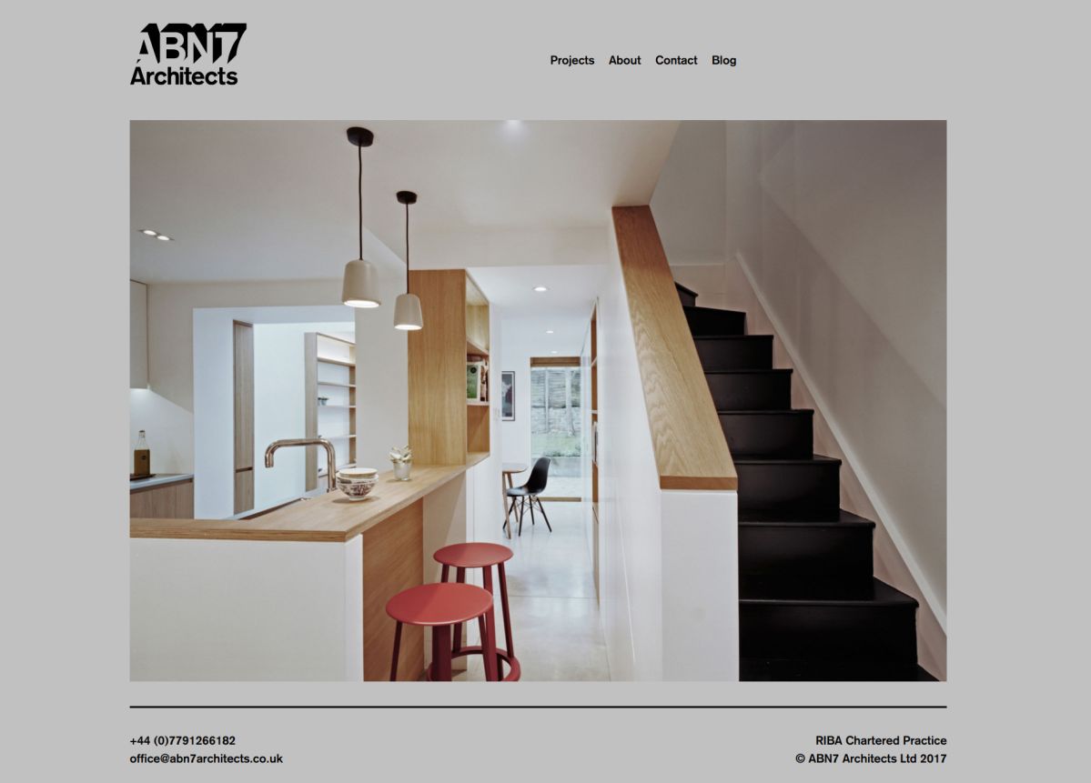 Homepage of ABN7 Architects with a greyscale design.