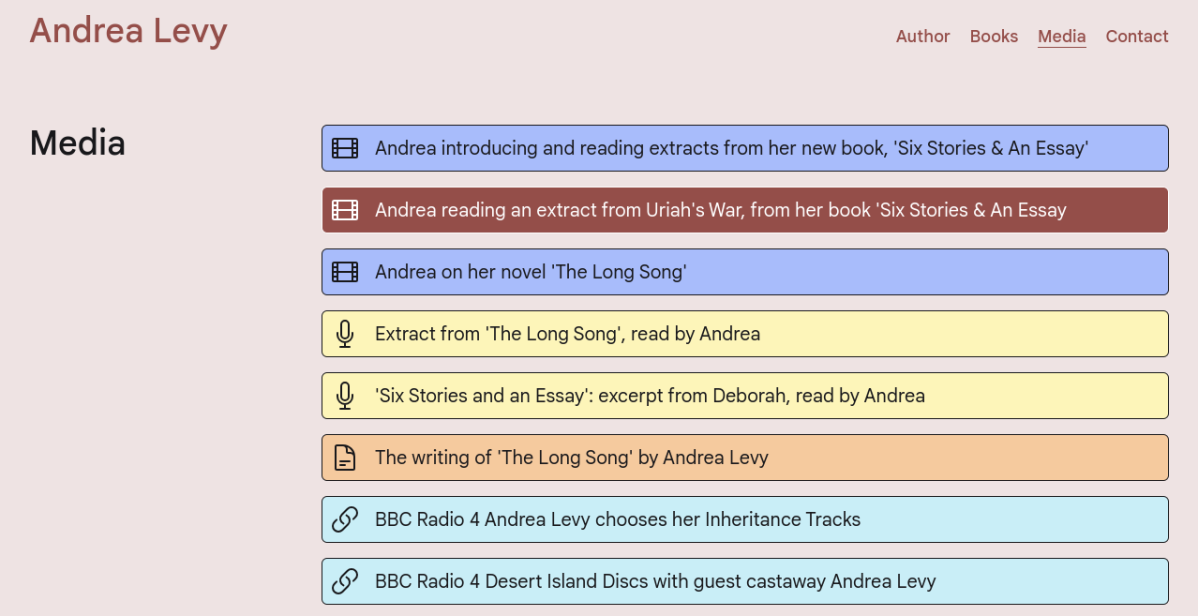 screenshot of website showing colour links to media content.