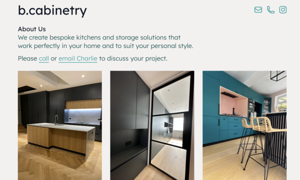 website showing examples of fitted furniture and some text.