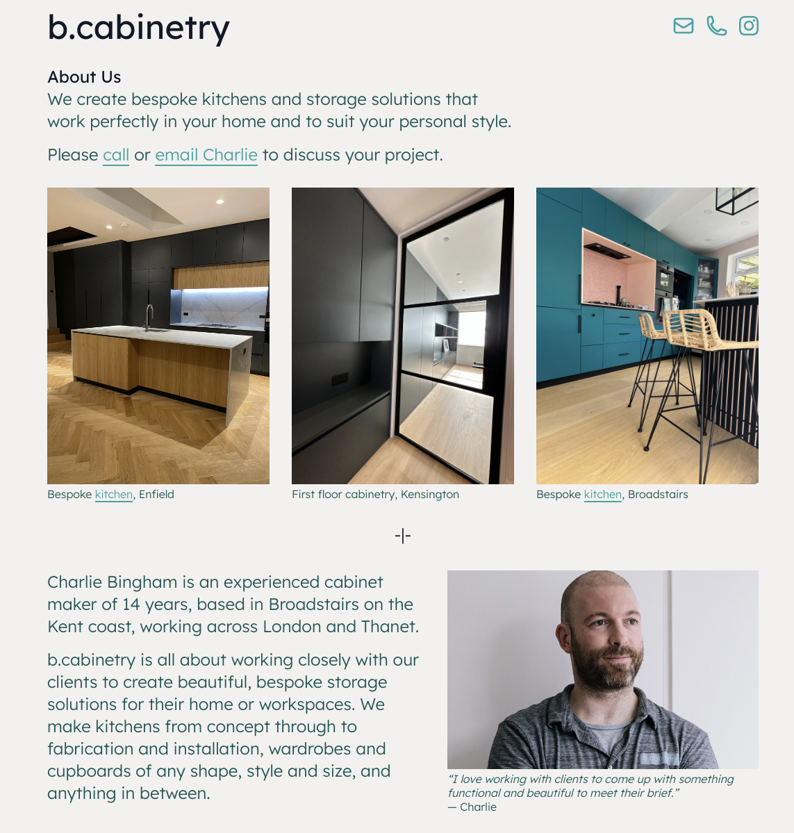 website showing examples of fitted furniture and some text.