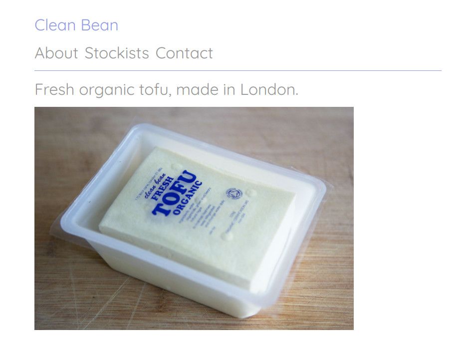 Homepage of Clean Bean showing a packaged block of tofu.