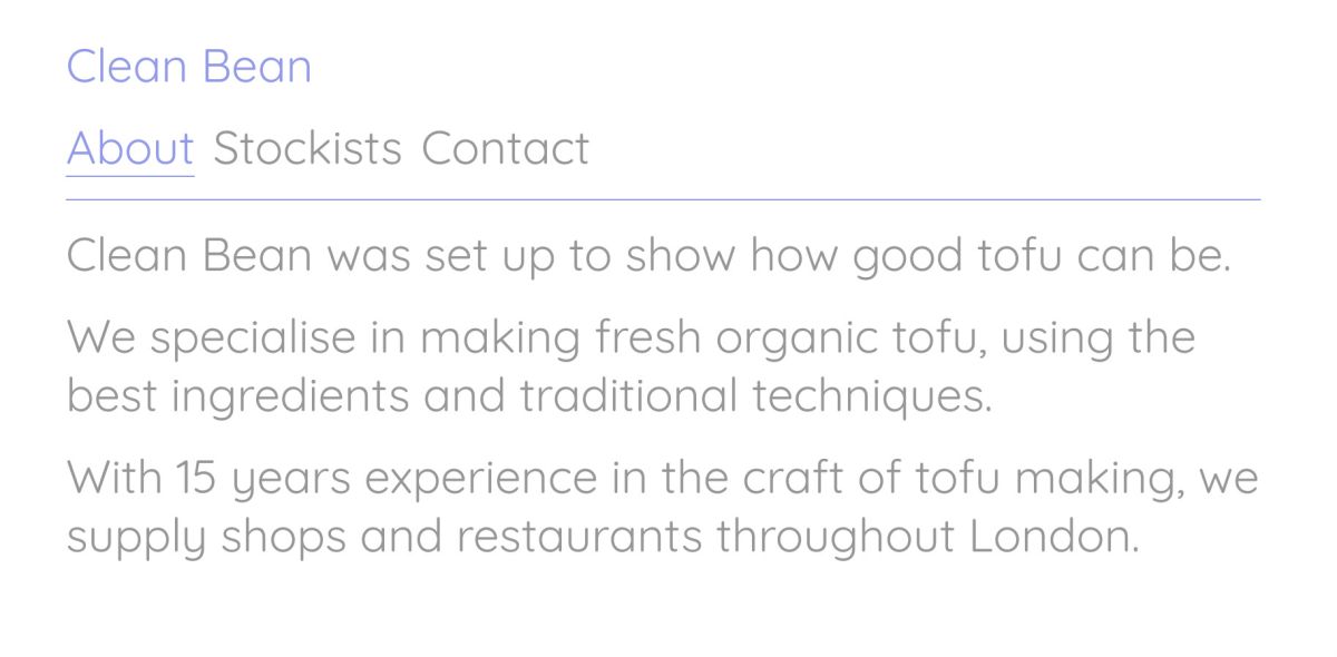 Screenshot of Clean Bean tofu's about webpage.