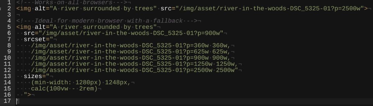HTML code for img tag with and without srcset.