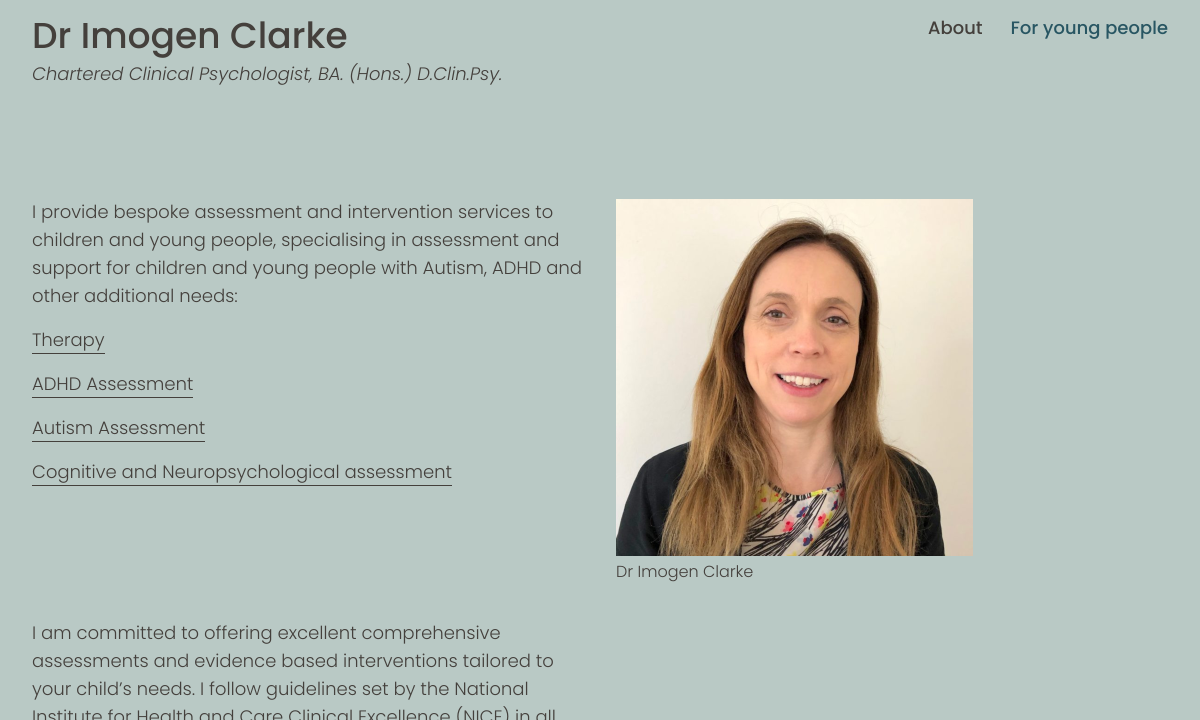 screenshot of calm, green website with smiling woman and text.