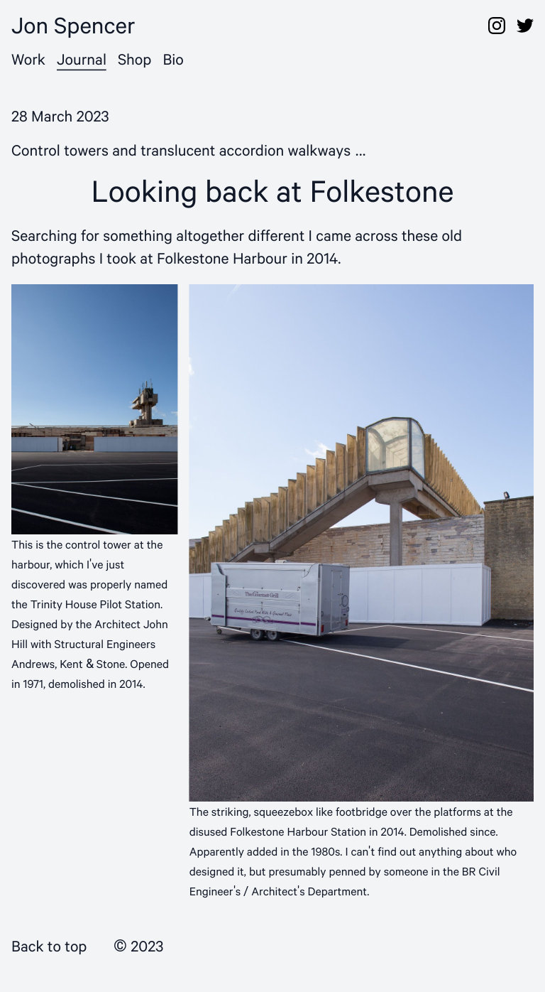 webpage with two photos from Folkestone, UK: a harbour control tower, a footbridge.