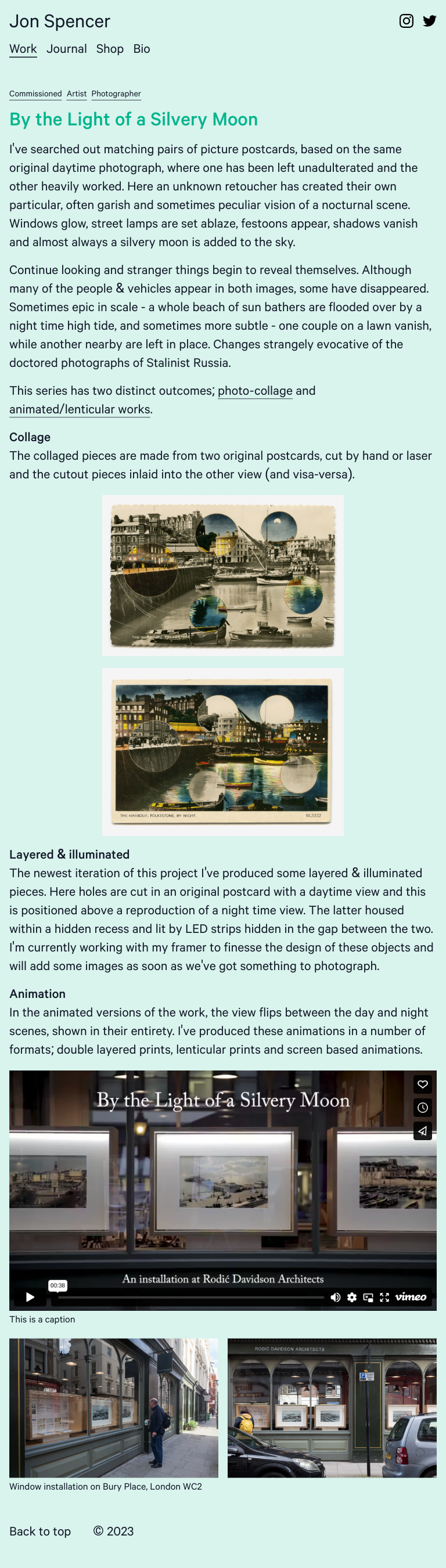 webpage with green tint with text and images about an exhibition on vintage postcards.