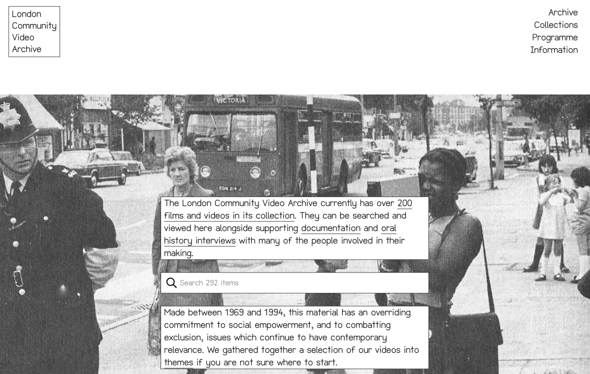 website screenshot of LCVA homepage with a search input and black & white photo of a 1980s street scene in London.