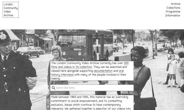 website screenshot of LCVA homepage with a search input and black & white photo of a 1980s street scene in London.