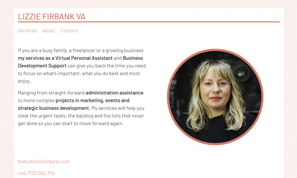 Screenshot of Lizzie Firbank's white and orange website.