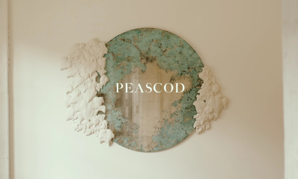 Luxury mirror with sculpted ivy and verdigris reflective glass overlaid with the Peascod logo.