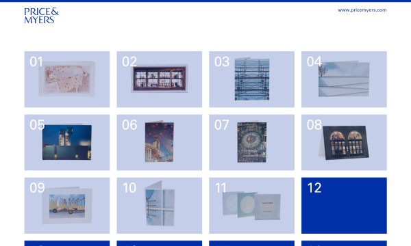 digital advent calendar with 01-11 revealed and 12-16 hidden.