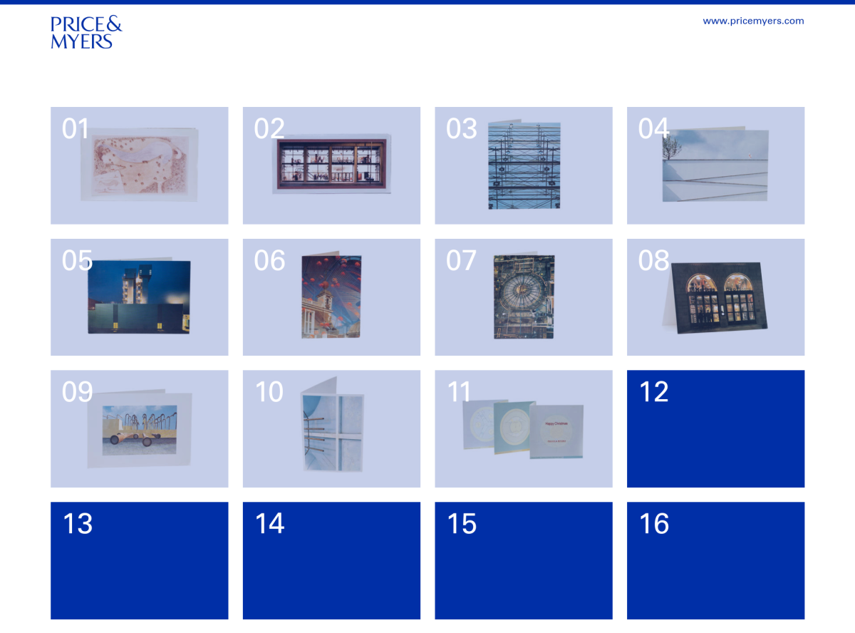 digital advent calendar with 01-11 revealed and 12-16 hidden.