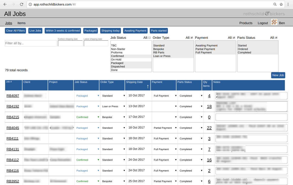 Screenshot from bespoke order management web app with details redacted .