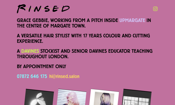 Bright pink website for Rinsed hair salon with photos of customer's hair.