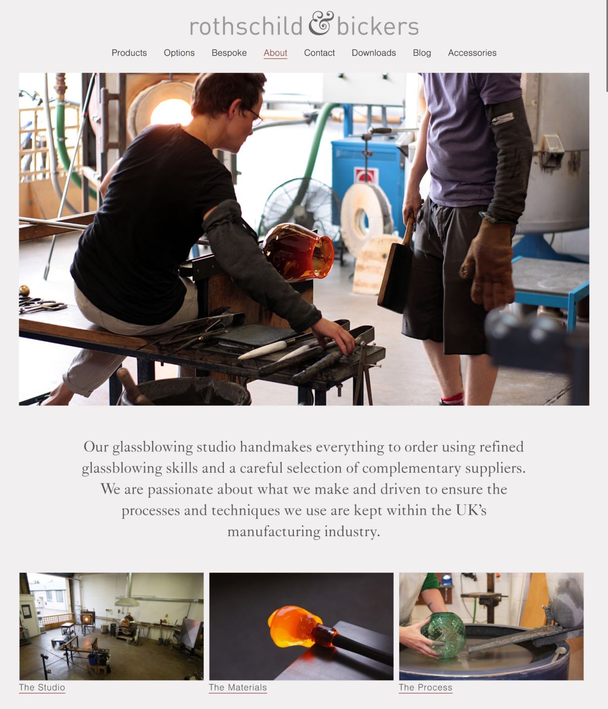 Screenshot of glassblowing studio Rothschild & Bickers' website showing a glass shade being made.