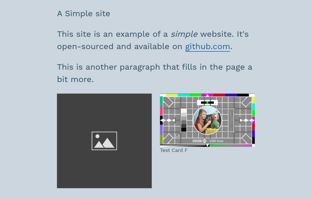Screenshot of simple website with text and two images.