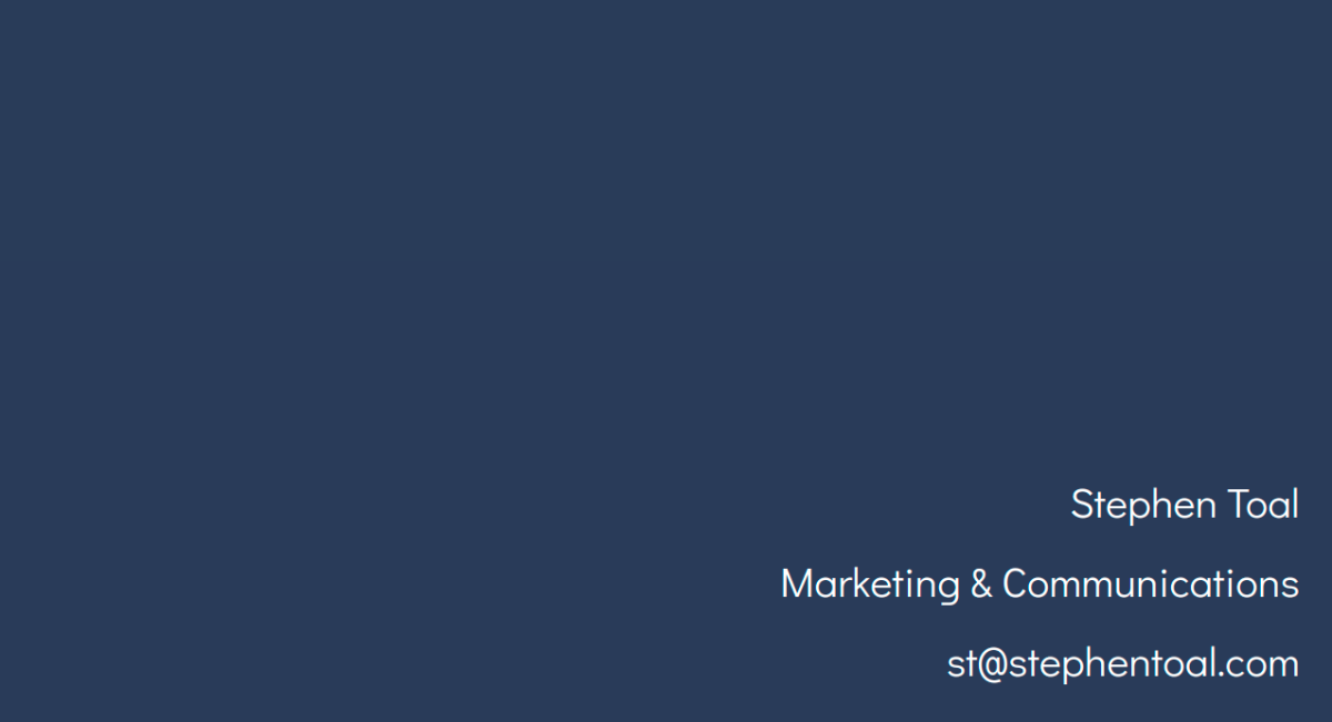 homepage of Stephen Toal with a dark blue background and bit of white type.