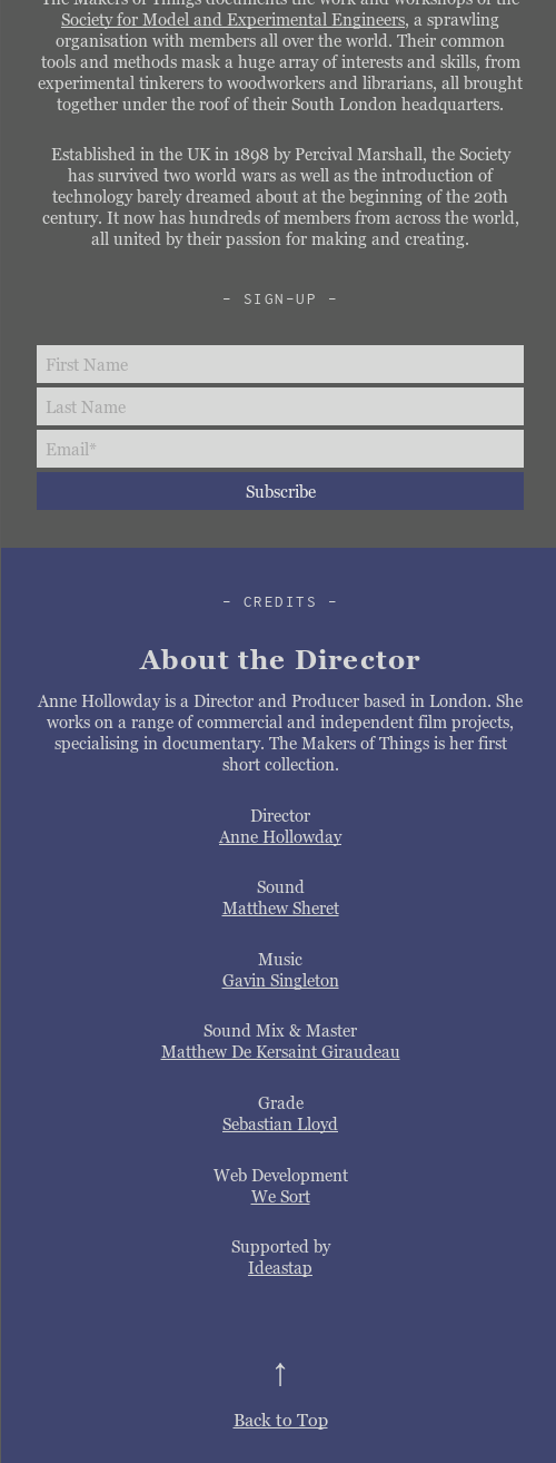 Mobile screenshot of documentary film series The Makers of Things.