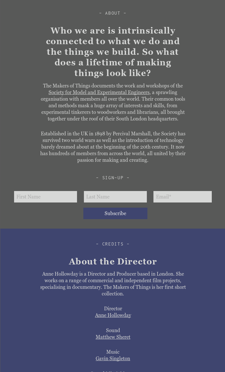 Desktop screenshot of the credits for documentary film series The Makers of Things.