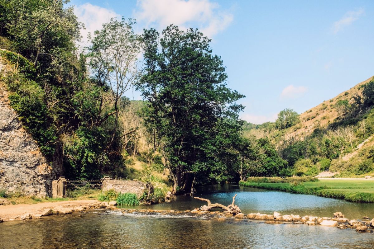 A lush and tree lined shallow river amongst some hills.