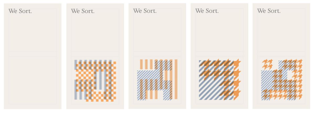 5 business cards for We Sort each with a different visual pattern.