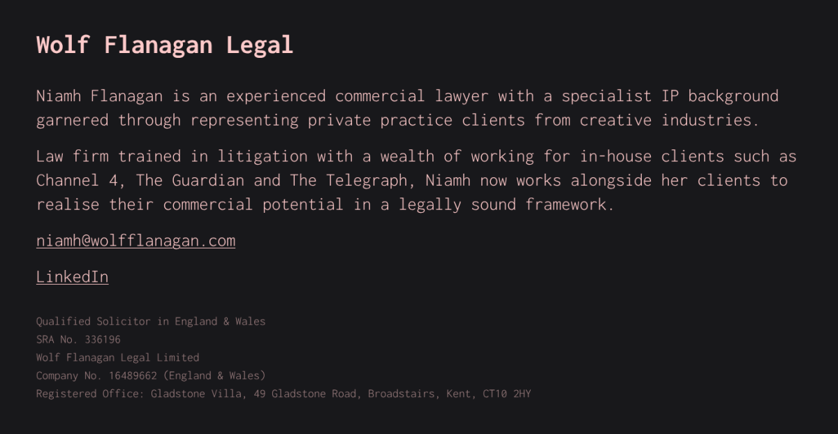 screengrab of 'Wolf Flanagan Legal' which is all text with a background of dark red-charcoal and peach coloured text.