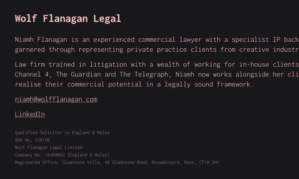 screengrab of 'Wolf Flanagan Legal' which is all text with a background of dark red-charcoal and peach coloured text.