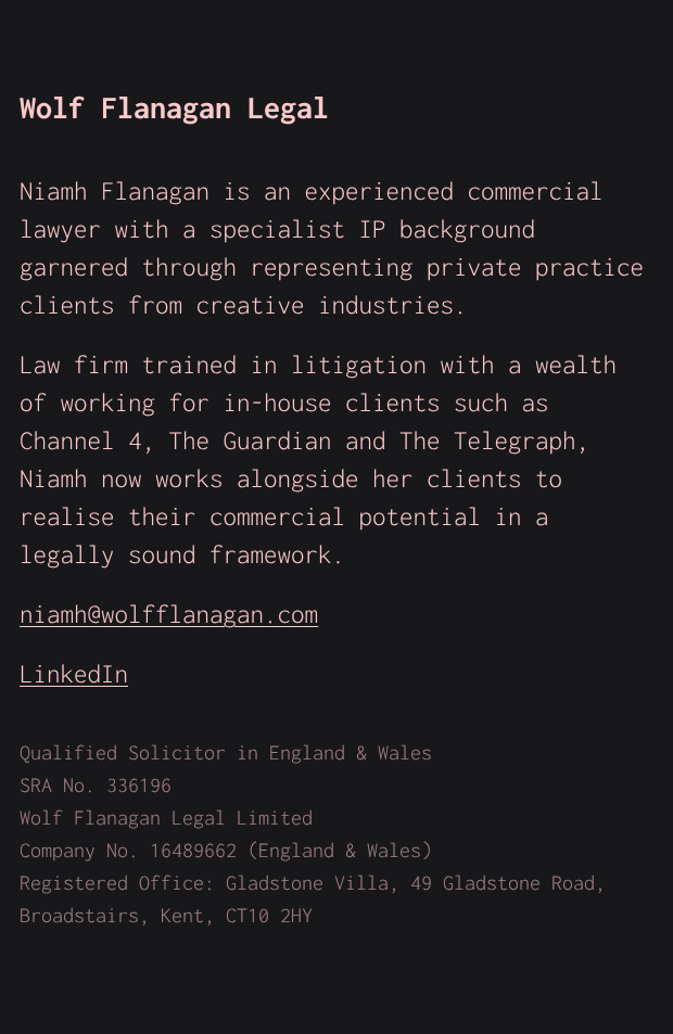 mobile screen size screen capture of 'Wolf Flanagan Legal' which is all text with a background of dark red-charcoal and peach coloured text.