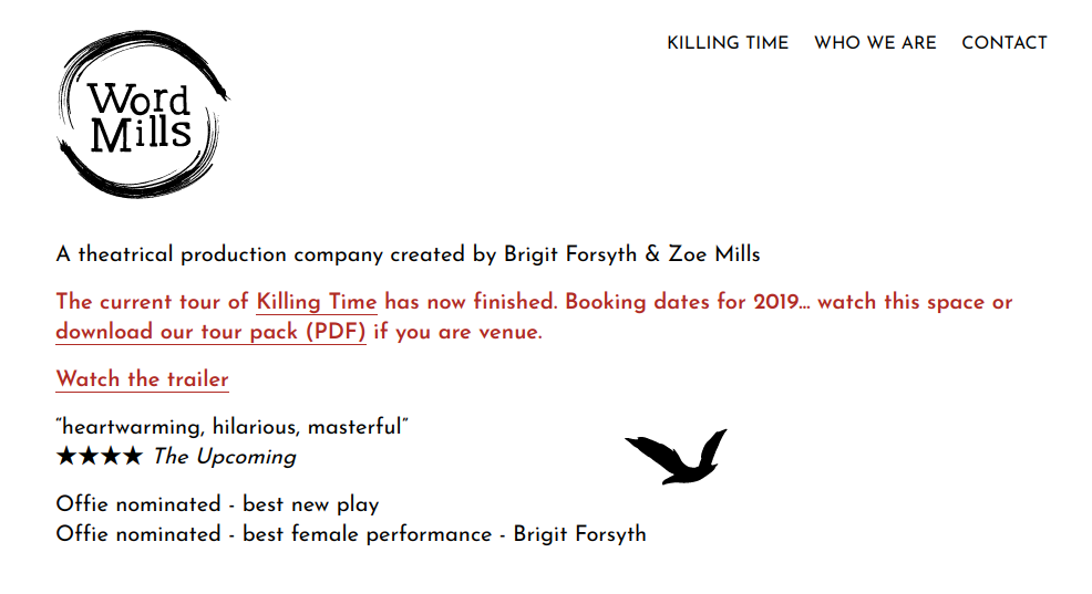 Screenshot of theatre company Word Mills' website.