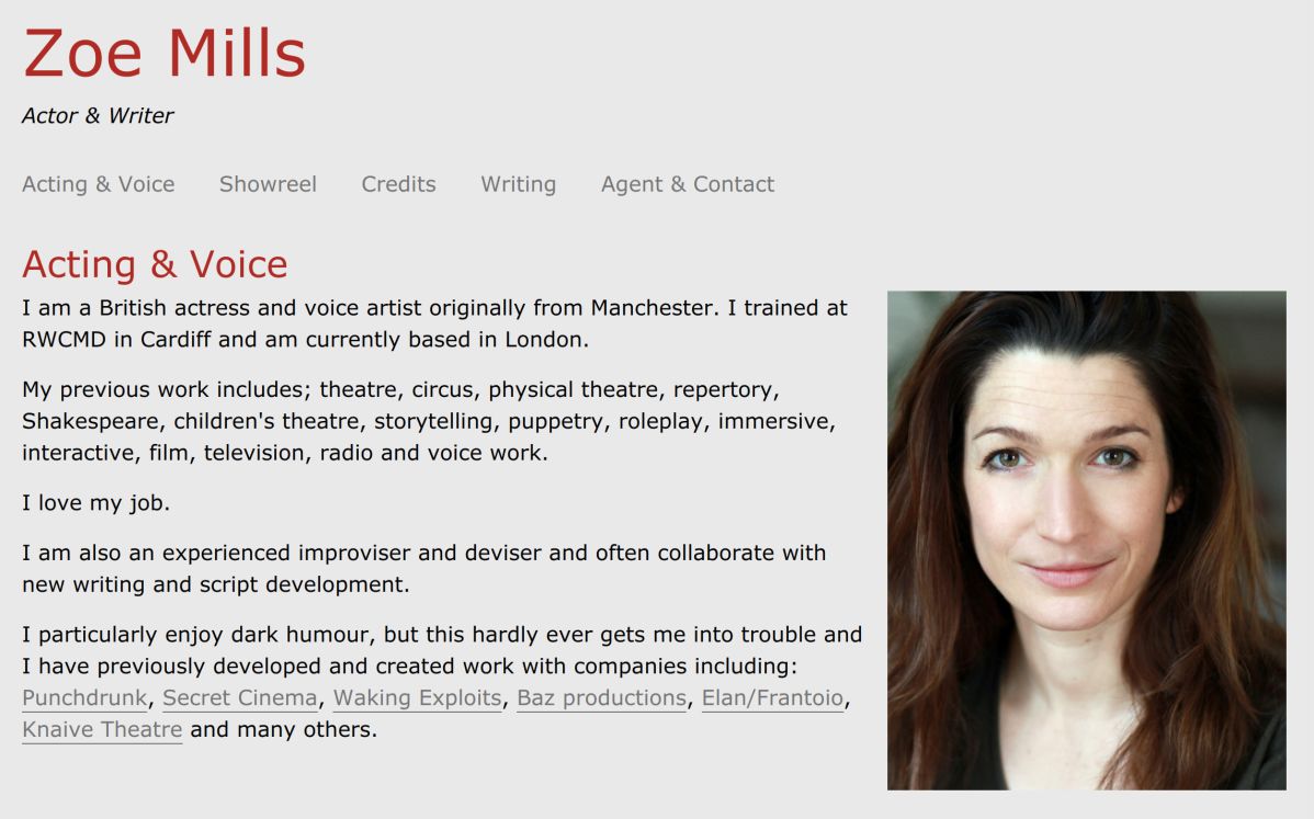 Zoe Mills homepage with a headshot and some text.
